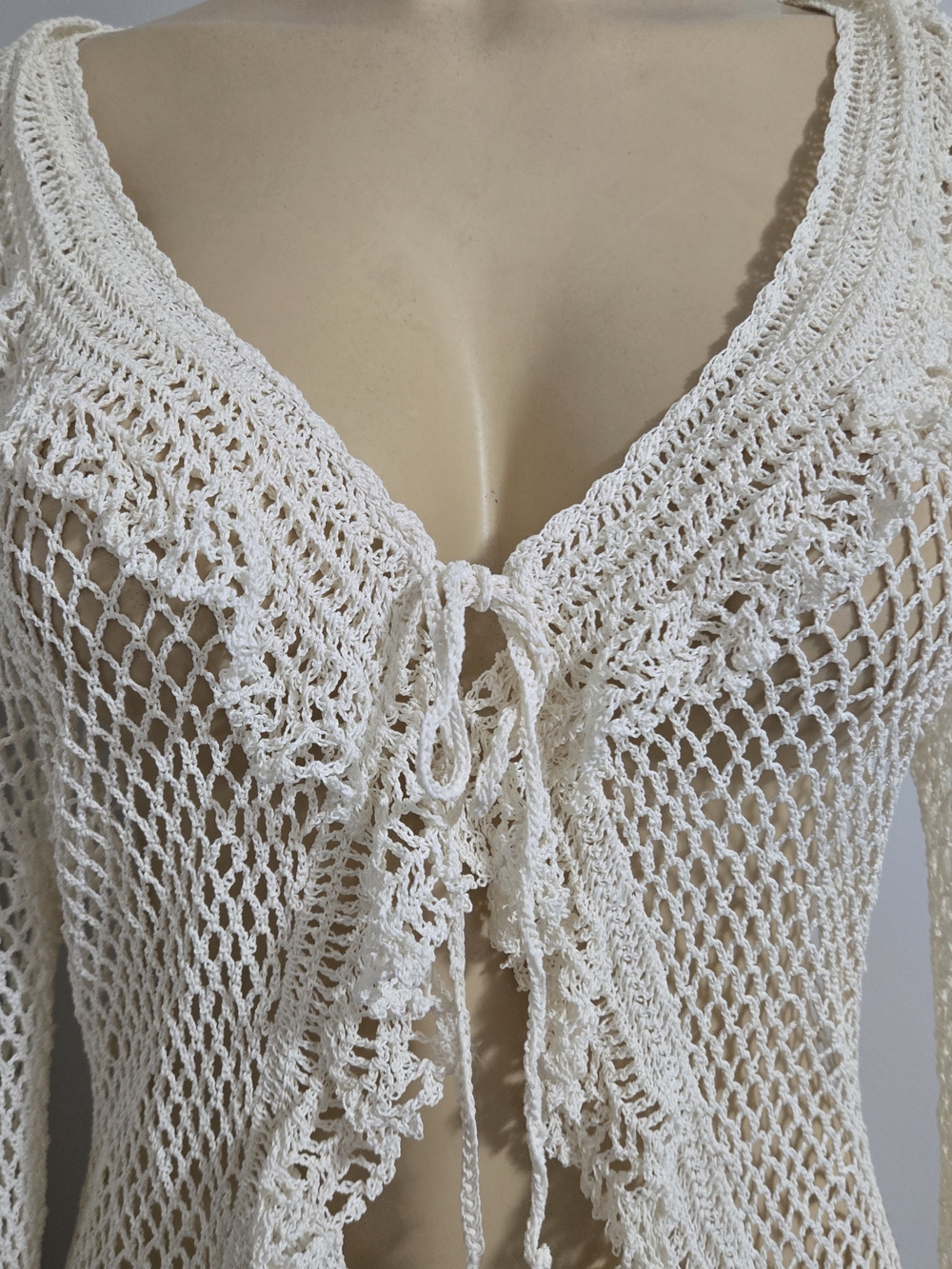 Cardigan Cream Crochet Open-Knit Tie-Front Blazer Jacket - Picture 4 of 11